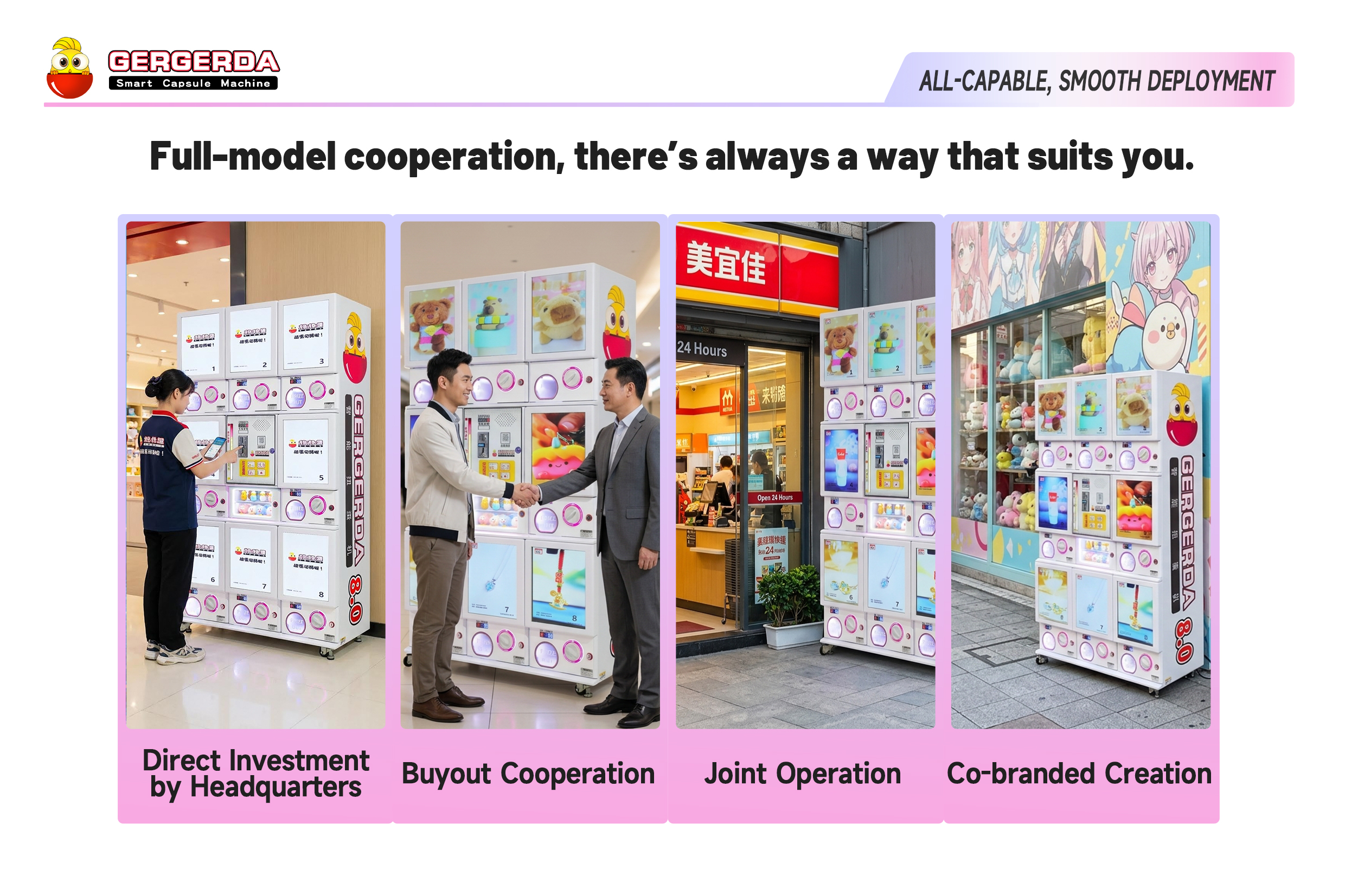 GERGERDA smart capsule vending machine poster introducing four flexible business partnership models: headquarters direct investment, buyout cooperation, joint operation and co-branded creation