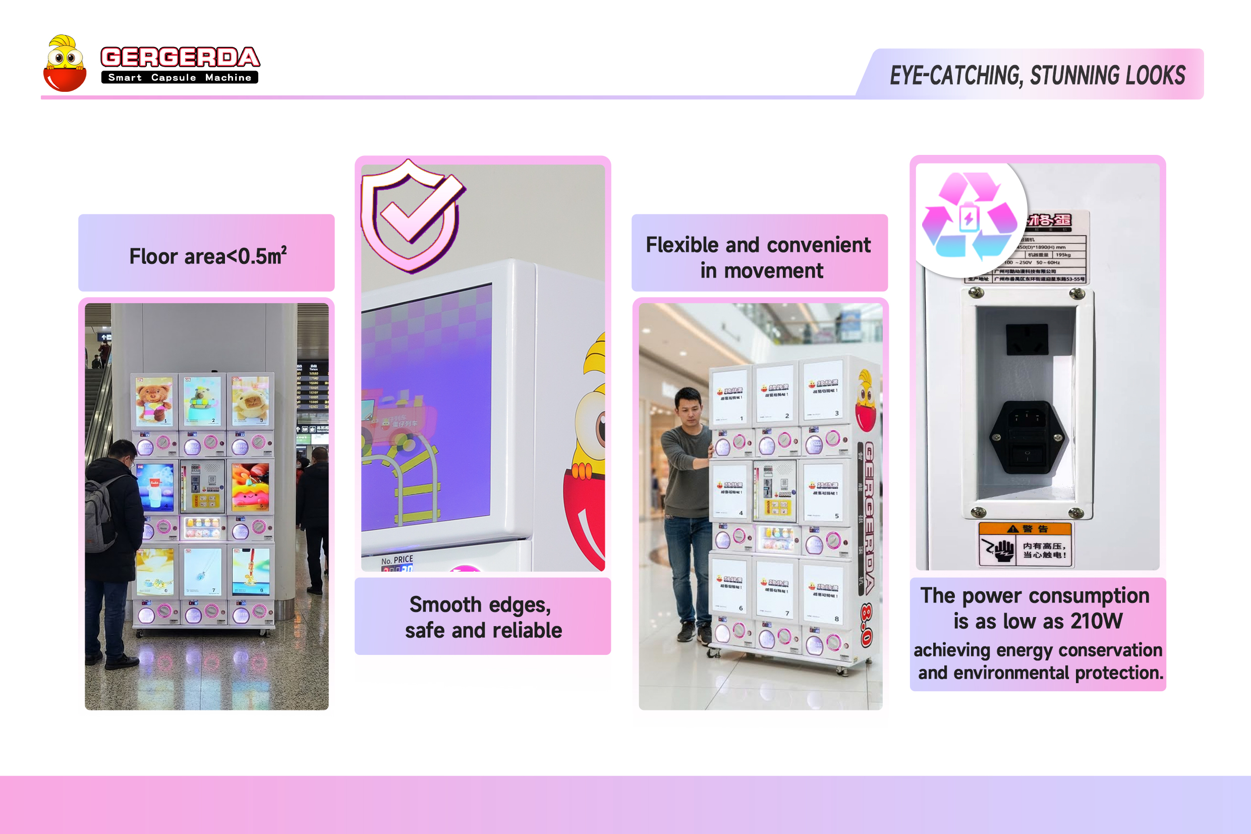 GERGERDA smart capsule vending machine feature poster highlighting compact size under 0.5㎡ footprint, smooth safe edges, movable casters and low 210W energy-saving power consumption