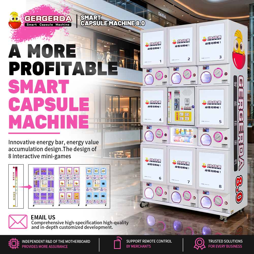GERGERDA 8.0 multi-grid smart capsule vending machine, full metal commercial gashapon machine with 8 interactive mini-games, remote backend control, for mall wholesale business