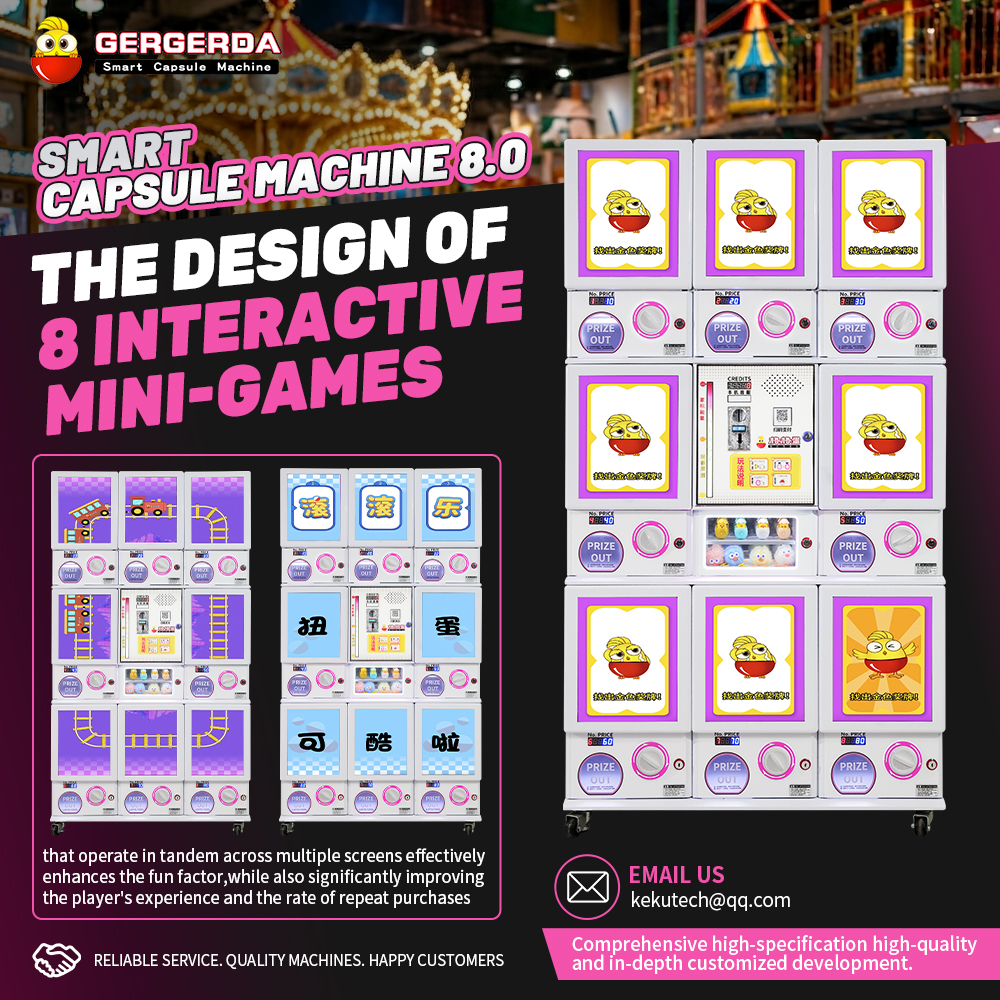 GERGERDA Smart Capsule Vending Machine 8.0 with 8 interactive mini-game screens, commercial multi-unit gashapon machine for mall amusement venues