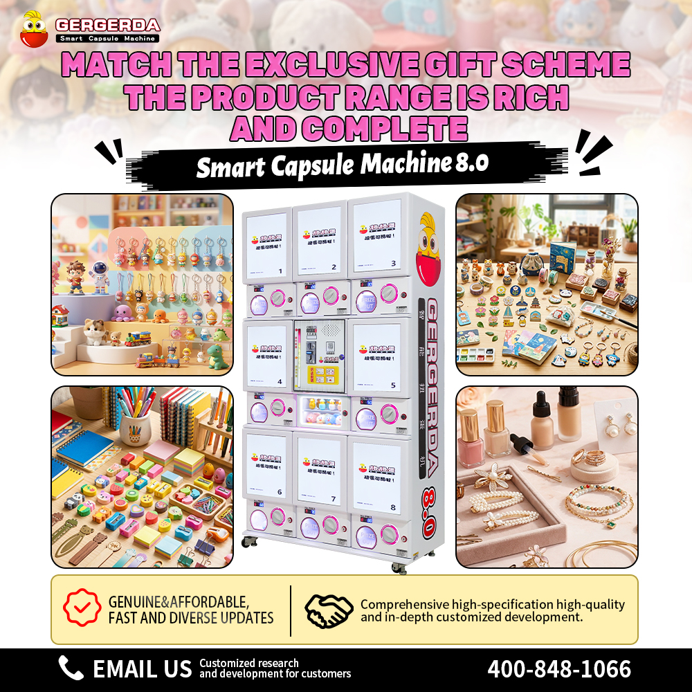 GERGERDA Smart Capsule Machine 8.0 product poster showing rich gift and toy selection, contact email and phone number.