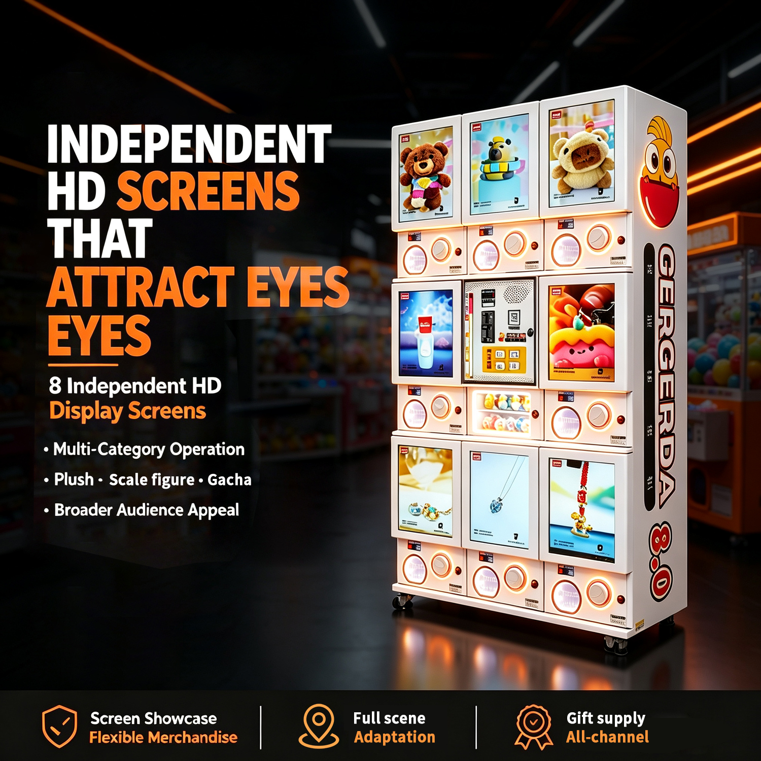 GERGERDA 8.0 capsule vending machine equipped with 8 independent HD advertising screens, supports plush, figure and capsule toy multi-category business operation.